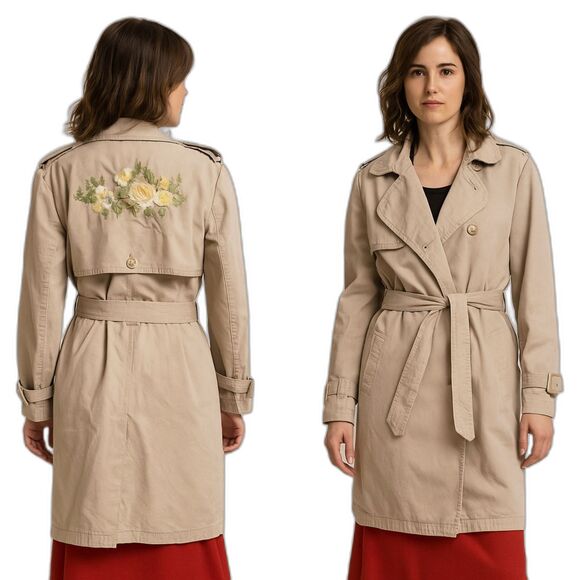 SH COLLECTION Jackets & Blazers - SH|collection neutral tan embroidered floral back trench coat